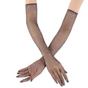 Mesh gloves Mesh red mesh rhinestone sleeves women's thin tide point drill hollow flash show lace gloves