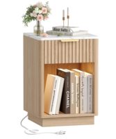 SENYU Lot de 2 tables de chevet cannelées avec station de charge et lumière LED, table d'appoint moderne de style mi-siècle avec tiroir, couleur naturelle