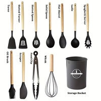 Accessoires de Cuisine et de Maison Antiadhésifs Haute Résistance à la Chaleur, Ensemble de 12 Ustensiles de Cuisine en Silicone Alimentaire avec Manche en Bois