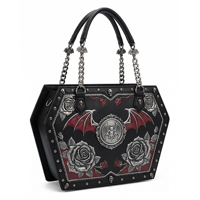 Xinzirain Custom Women Punk Gothic Horror Bag Coffin Shaped Bat Rose Embossed Chain Tote Handbag