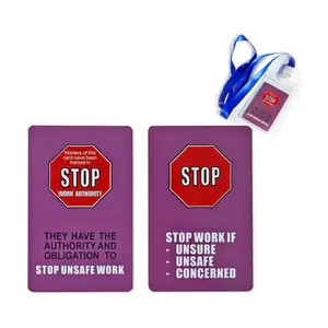 Wholesales Customize Pattern Stop Work Authority Cards with Card Holder and Lanyard Purple PVC Plastic ID Cards Printing