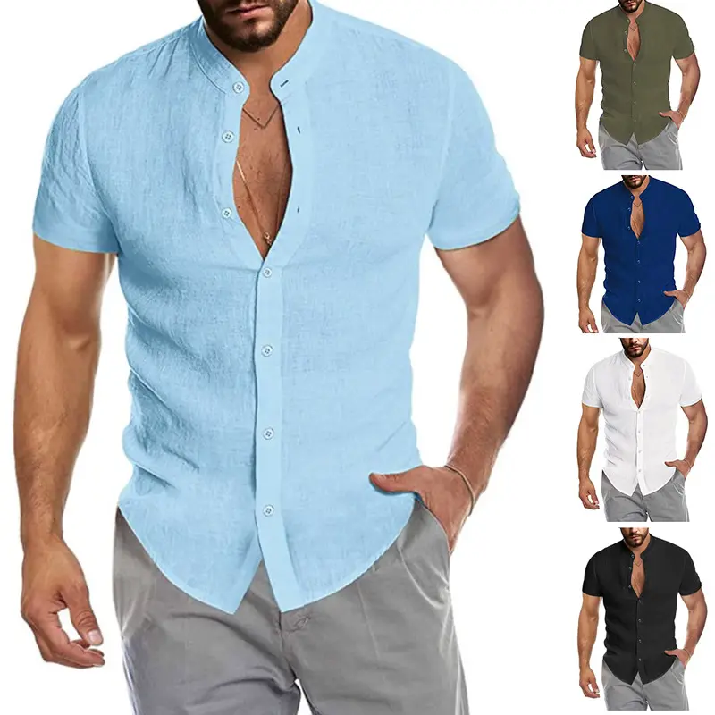 Summer New Style Men's Leisure Vacation Cotton Linen Short Sleeve Shirt Fashionable Stand Collar Design