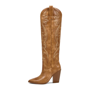 WETKISS <span class=keywords><strong>Bottes</strong></span> longues à talons épais et bon marché pour femmes <span class=keywords><strong>Bottes</strong></span> de cowgirl brodées au dessus du genou <span class=keywords><strong>Bottes</strong></span> de <span class=keywords><strong>cowboy</strong></span> <span class=keywords><strong>marron</strong></span> occidental - Product Image 2
