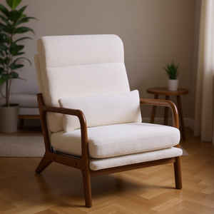Sillón de terciopelo de respaldo alto con reposabrazos de madera maciza, color blanco roto, mueble de sala de estar, diseño moderno de mediados de siglo. - Product Image 2