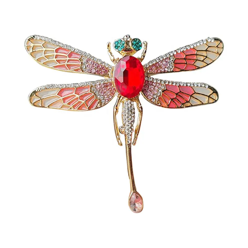 2024 sıcak satış moda altın kaplama alaşım renkli yusufçuk broş Pins kadın Rhinestones kristal kırmızı yeşil takım broş