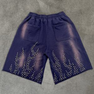 Shorts de luxe à bords bruts, poids lourd, été, French Terry, lavés, shorts de survêtement, streetwear, shorts en coton avec strass pour hommes - Product Image 2