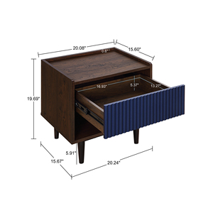 Nightstand In Navy Blue Wood With Ribbed Panel And <b>Open</b> Shelf <b>Storage</b> - Product Image 3