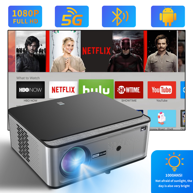 Full HD 1080P Smart Projector 800 ANSI Android 12 WiFi 6 BT4.2 Auto Focus ±30° Keystone 4K Compatible 2+32GB Portable Home Theat