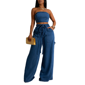Women's Autumn-Winter Best-Selling Casual Denim Crop Top With <b>Rope</b>-Detailed Wide-Leg Pants Set Fashion - Product Image 3