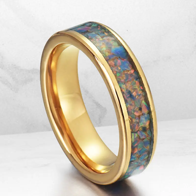 Poya Comfort Fit Gold Plated Wedding Bands 6mm Galaxy Opal Inlay Tungsten Ring