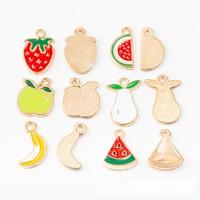 Emaille aardbei fruit bedel gouden kleurige legering hanger voor kinderlunchbox rits trekkoord