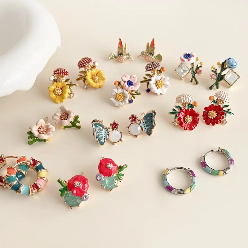 Enamel Oil Drop Flower Earrings Female Small Fresh Sweet Design Earrings Super Fairy Senior Sense Earrings Wholesale