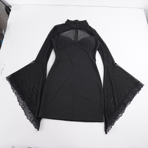 Women's Sexy <b>Black</b> Mini Dress Mesh Flared Sleeve Cutout <b>Wrap</b> Club Style Night Out Bodycon Dress - Product Image 6