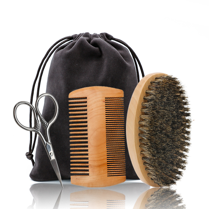 3Pcs/set Boar Bristle beard Brush Beard Wood Comb Mustache Scissor Beard shaving Brush Kit for men's gift