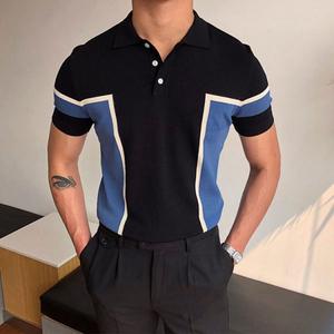 POLO Casual lavorata a maglia a maniche corte da uomo estate 2022 colore a contrasto POLO da uomo in seta di ghiaccio con risvolto sottile britannico - Product Image 4