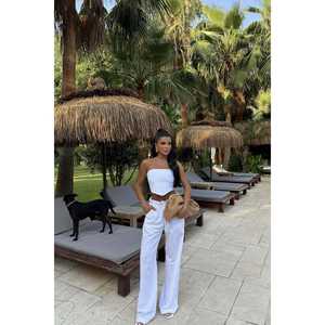 White Henri <b>Linen</b> 2-Piece Shorts <b>Set</b> Customizable Logo Above Knee Length XS Size Lady's Going Out Clothes - Product Image 5