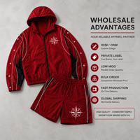 Ensemble court pour homme en nylon rouge, coupe-vent à capuche zippé avec passepoil contrastant et short de survêtement imprimé graphique, vente en gros personnalisée