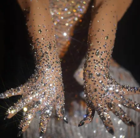 शानदार खिंचाव Rhinestones दस्ताने महिलाओं Sparkly क्रिस्टल जाल लंबे दस्ताने नर्तकी गायक नाइट क्लब नृत्य स्टेज शो सामान