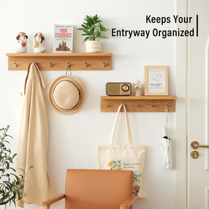 Estantes Flotantes de un Solo Nivel con Ganchos Metálicos, Estante de Pared de Bambú para Decoración del Hogar, para Baño, Sala de Estar, Opciones de Varios Tamaños - Product Image 3