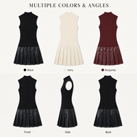 Robe pull mini sans manches à col montant pour femme, jupe plissée noire, coupe ajustée et évasée