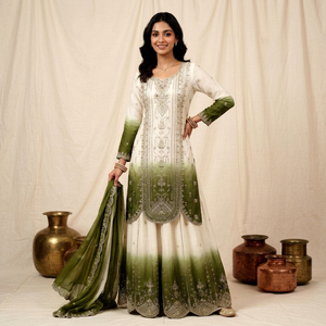 Green <b>White</b> Embroidered Georgette Indian Pakistani Set Long Sleeve Anarkali Top Net <b>Palazzo</b> Dupatta Quick Dry Wedding Festival - Product Image 1