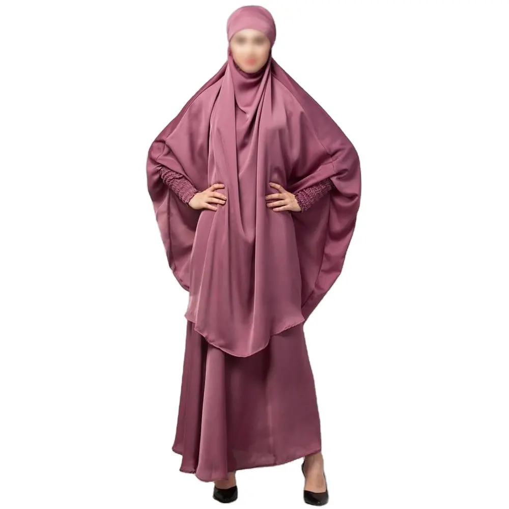 Mauve Pink Premium Islamic Abaya Full Length Kaftan Robe 2 Pieces Hijab Scarf Khimar And Skirt Set Women Muslim Prayer Dress