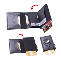 Dompet Kartu Kredit Kulit PU Hitam Vintage Anti RFID dengan Magnet Pengaman Uang, Dompet Kartu Geser Logam Popup