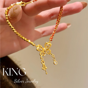 Bracelet Papillon en Argent S925 Plaqué Or avec Cinq Pièces de Monnaie Impériales et Corde Rouge, Style Chinois Rétro, Cadeau pour Femme, Bijoux King Silver - Product Image 4