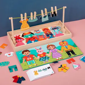 Grosir kustom gaun rumah tangga lucu pakaian pengeringan kayu mainan dapur berpura-pura bermain mainan untuk anak-anak jigsaw puzzle untuk bayi set