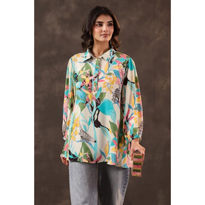Tropical Floral Print <b>Tunic</b> Shirt <b>Long</b> Puff <b>Sleeves</b> Relaxed Fit Contemporary Casual <b>Top</b> Stylish Everyday Designer Fashion Wear - Product Image 1