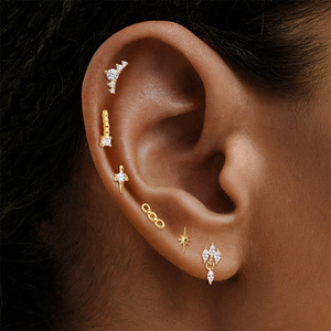 Single 925 Sterling Silver 18K Gold Plated Mini Starburst Chain Zircon Threaded Flat Back Minimalist <b>Cartilage</b> <b>Stud</b> Earring for - Product Image 1