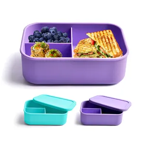 Caixa de almoço de silicone portátil para crianças, venda quente, caixa de borracha para armazenamento de alimentos com 3 compartimentos