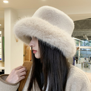 Faux <b>Fur</b> Mink Bucket Hat Gray Beige White Warm Windproof Winter Women's Hat Elegant Style Plush Fisherman Hat - Product Image 1