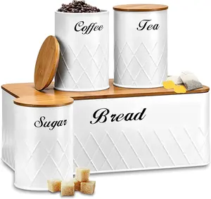 Almacenamiento de cocina de metal, botes de té, azúcar, café, caja de pan y botes con tapa de Bambú