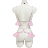 Set Lingerie Erotis Wanita dengan Bra Halter, Tali Garter, dan Renda Bunga Berpayet Pink Custom Grosir, OEM ODM Diterima