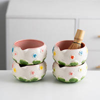 JIAHUI Ensemble de thé en céramique peint à la main avec motif de fleurs de cerisier, fouet, accessoires pour la cérémonie du thé, boîte cadeau