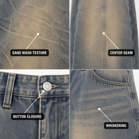 Pantalon cargo en denim délavé personnalisé, coupe ample, multi-poches, style vintage streetwear, décontracté, oversize, hip-hop, boutonné, éco-responsable