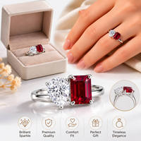 Bague classique en argent sterling 925 avec rubis, diamants taille poire et taille émeraude, design à deux pierres