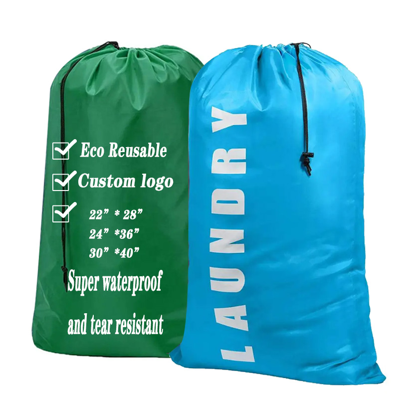 Dry cleaners Custom logo Foldable Polyester 100cm by 70cm drawstring laundry bags for clothes