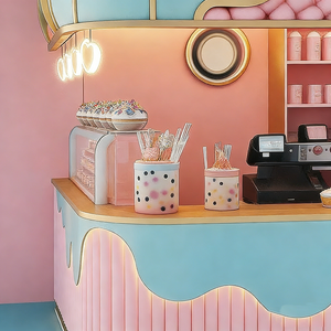 Chiosco Pop-Up per Bubble Tea e Dessert con Luci a LED a Forma di Cuore, <span class=keywords><strong>Arredamento</strong></span> Morbido, Sistema di Stoccaggio Rosa, Scaffalature e Vetrina Espositiva - Product Image 4