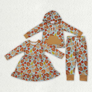 Ensemble de vêtements d'automne pour bébés et enfants, sweat à capuche et pantalon de jogging à motifs de dindes, citrouilles et feuilles - Product Image 2