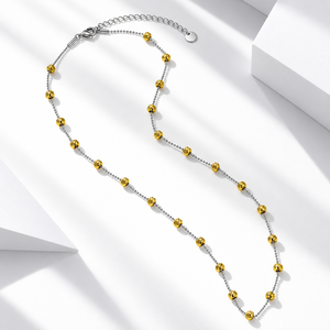 Two Tone Textured <b>Bead</b> Necklace Stainless Steel <b>Silver</b> Chain 18K Gold Vacuum Plated Grooved <b>Beads</b> - Product Image 1