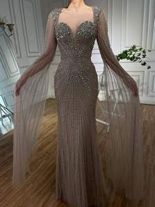 Vestido <span class=keywords><strong>de</strong></span> Noche <span class=keywords><strong>de</strong></span> Alta Gama S2055Y Color Caramelo con Cuentas y Mangas con Volantes para Anfitriona <span class=keywords><strong>de</strong></span> Banquete - Product Image 2