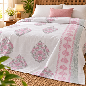 Manta de algodón Dohar con estampado floral a mano, suave, ligera, transpirable, para cama, para uso doméstico en todas las estaciones. - Product Image 1