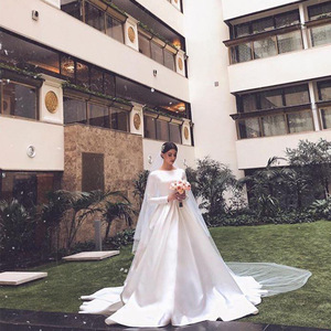 Vestido de novia de manga larga con cuello cuadrado, tren de barrido, línea A, satén, modesto vestido de novia musulmán <span class=keywords><strong>Abaya</strong></span> - Product Image 4