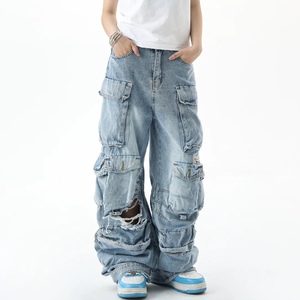 Pantalones vaqueros negros y azules de tendencia callejera para hombre, tela de lona informal con cremallera rasgada, pantalones de moda al por mayor - Product Image 2