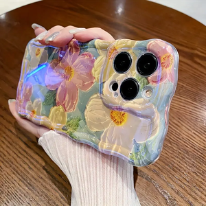 Nuova Custodia di Lusso Blu con Pittura a Olio 3D Fiori Viola per <span class=keywords><strong>iPhone</strong></span> 15 14 13 11 Pro Max, Stile Coreano con Bordo Ondulato Antiurto - Product Image 5