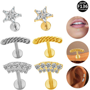 Pendientes de titanio con circonita de cinco estrellas F136, joyería de titanio para piercing en labio, oreja y nariz. - Product Image 1