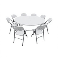 Table de salle à manger pliante ronde en polyéthylène blanc, avec structure en métal minimaliste moderne, en PEHD moulé par soufflage, pour mobilier d'extérieur