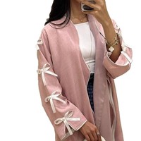 Mode rose ouvert Abaya avec nœud blanc détail Robe islamique ensemble 2025 nouveau Style élégant Cardigan Robe pour les femmes